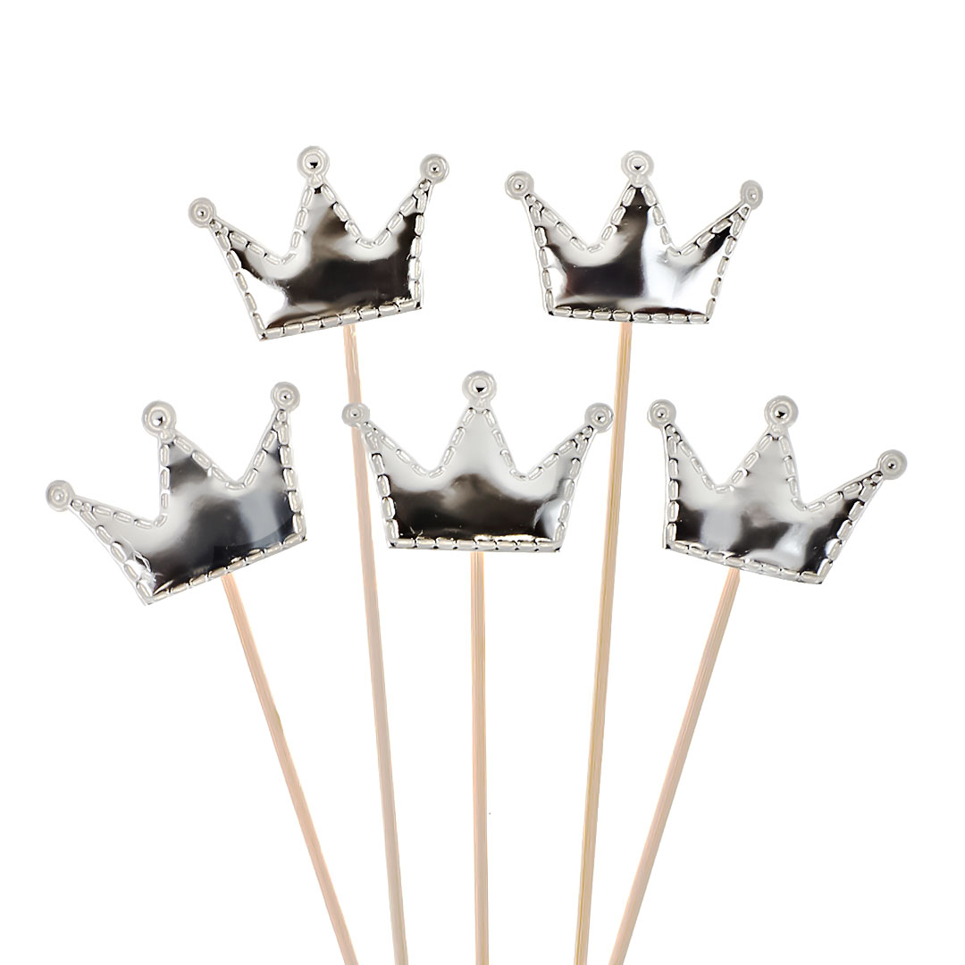 Пики Топперы, Короны, Серебро, Металлик, 12 см, 5 шт.