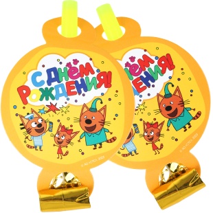 Карнавальные язычки гудки, Три Кота, С Днем Рождения!, Желтый, 11 см, 6 шт. в упак. 