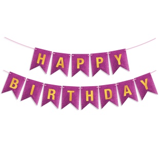Гирлянда Флажки, Happy Birthday, Фуксия/Золото, Металлик, с блестками, 350 см, 17*12 см, 1 упак.