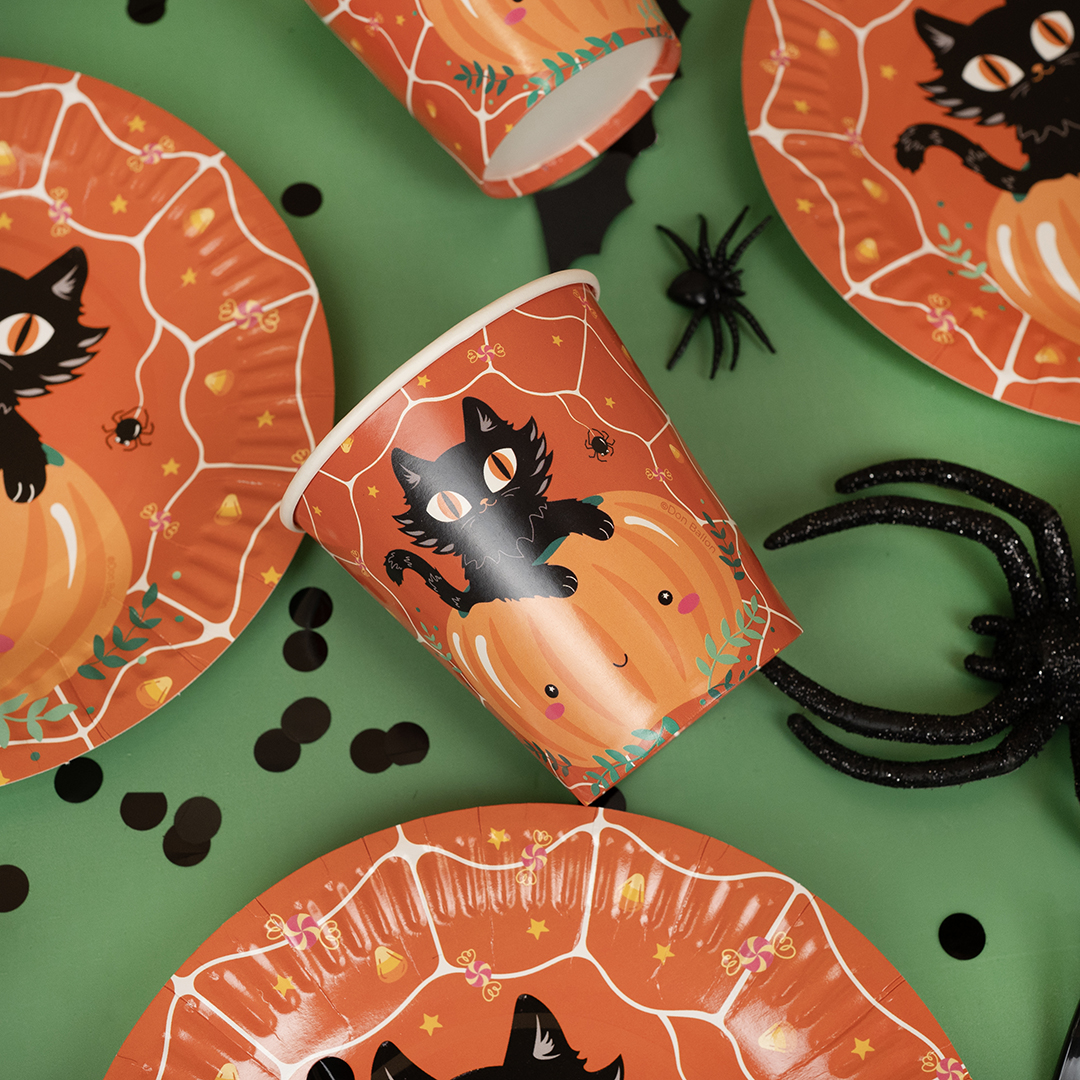 Тарелки (7''/18 см) Кошка на тыкве, Оранжевый, 6 шт.