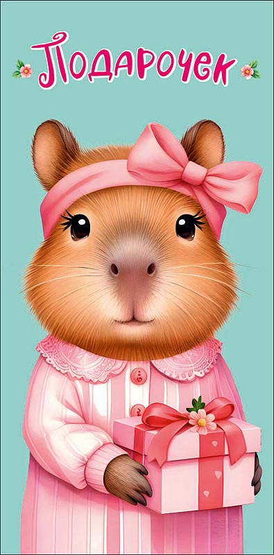 Конверты для денег, Подарочек (капибара с бантиком), с блестками, 10 шт.