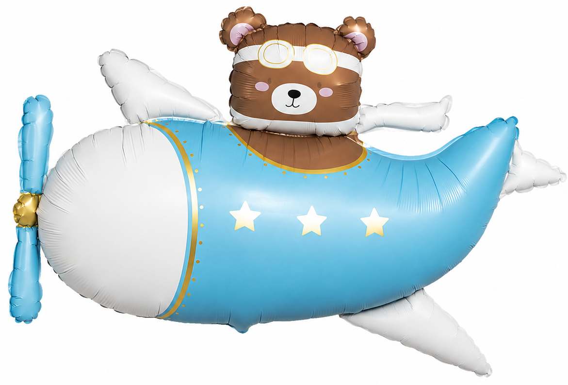 Шар (43''/109 см) Фигура, Мишка в голубом самолете, Сатин, 1 шт. в уп.