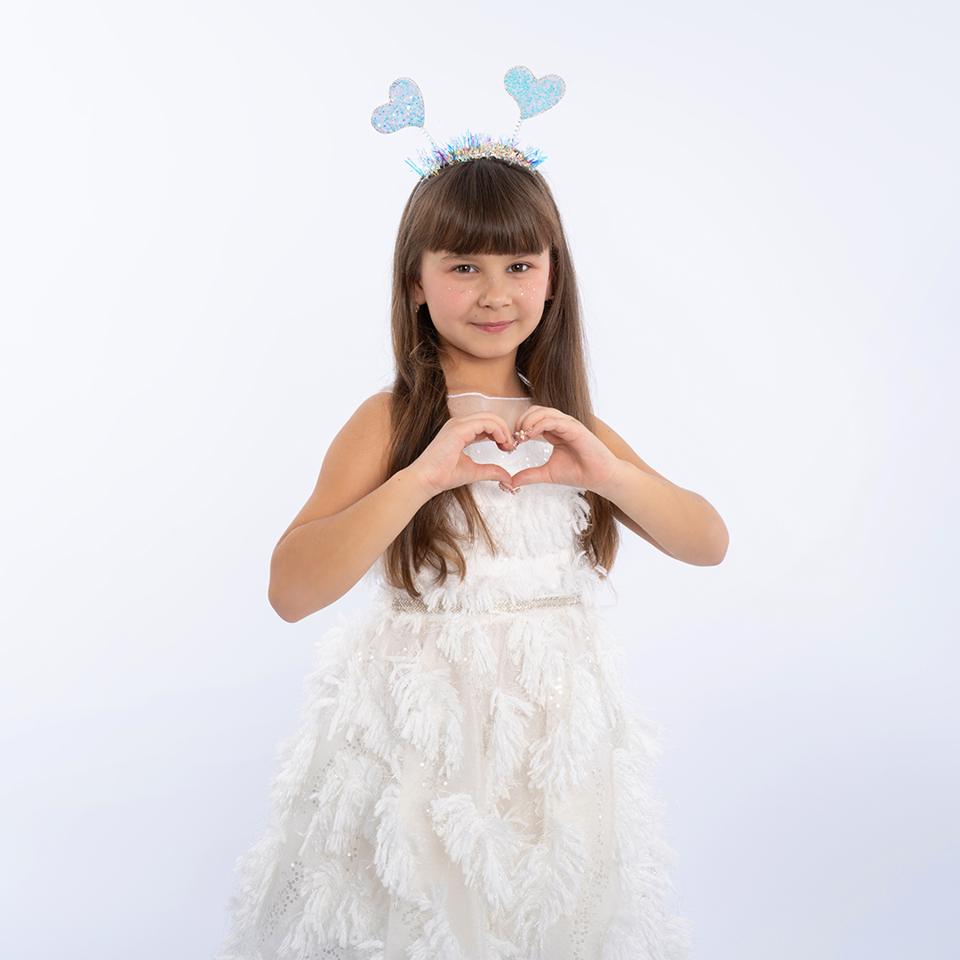 Ободок, Сердечки, Белый, с блестками, 23*21 см, 1 шт. 