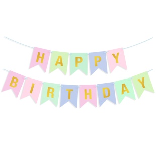 Гирлянда Флажки, Happy Birthday, Пастельный микс, Металлик, 500 см, 16*12 см, 1 упак.