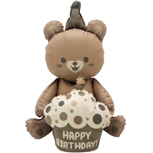 Шар (23''/58 см) Фигура 3D, Мишка с капкейком, Бежевый, Сатин, 1 шт. в уп.