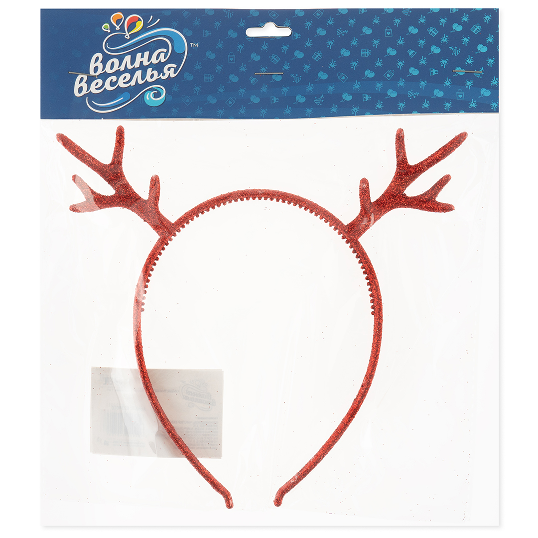 Ободок, Оленьи рожки, Красный, с блестками, 1 шт. 